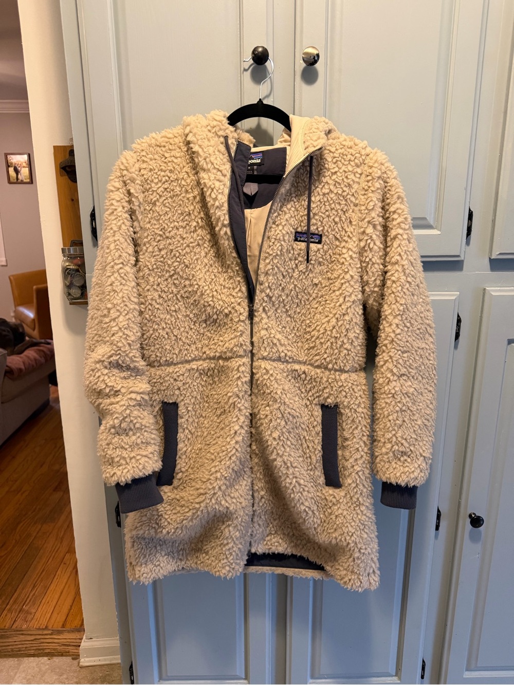 Patagonia Cream Sherpa Hooded Puffer Jacket with Gray Trim